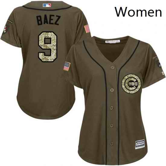 Womens Majestic Chicago Cubs 9 Javier Baez Replica Green Salute to Service MLB Jersey